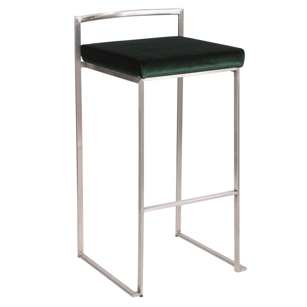 English Elm Fuji Stackable Barstool Set Of 2 In Stainless Steel With Luxurious Green Velvet Cushions For Modern Spaces B202P222171