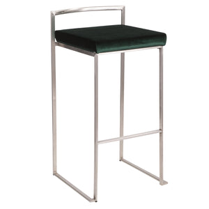 English Elm Fuji Stackable Barstool Set Of 2 In Stainless Steel With Luxurious Green Velvet Cushions For Modern Spaces B202P222171