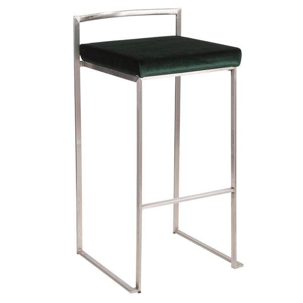 English Elm Fuji Stackable Barstool Set Of 2 In Stainless Steel With Luxurious Green Velvet Cushions For Modern Spaces B202P222171
