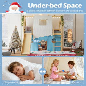 English Elm Twin Pine Loft Bed with House Frame Tent Led Lights Slide and Floor Space Below W1580S00290