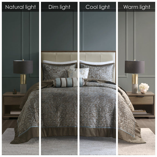 English Elm 5 Madison Park Aubrey Reversible Jacquard Bedspread Set Queen in Blue Taupe with Quilted Shams & Pillows B03597489