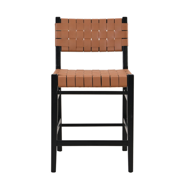 English Elm Christopher Knight Home® - 24.25'' 24.25" Classic Counter Stools Set of 2 Brown PU with Braided Leather Back & Rubberwood Legs, 24.25" 74690.00BRN