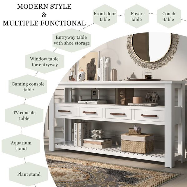 English Elm U_style Wide Painted Console Table Four Drawers Open Shelves Foyer Living Room White N711P410406K