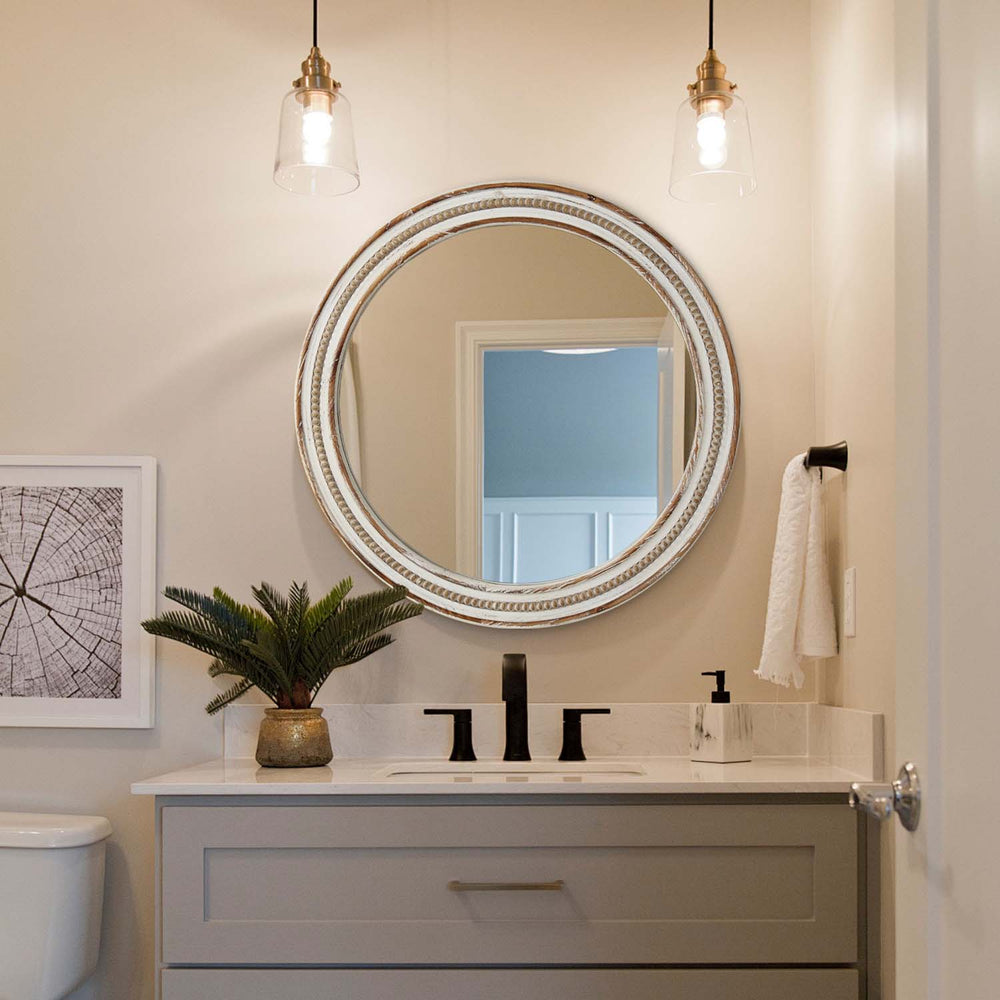 English Elm 23.62 Inches Rustic Round Wall Mirror – Vintage Beaded Frame For Bedroom, Living Room & Entryway Decor W2295P246675