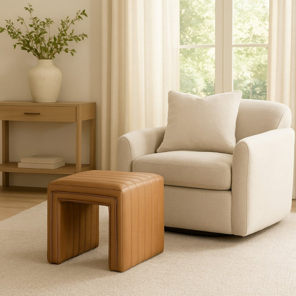 English Elm Ada Channel Tufted Faux Leather Footstool Ottoman Mid-century Square Accent Seat Caramel B056P412628