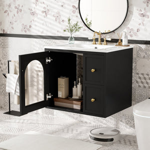 English Elm 24" Modern Wall-Mount Bathroom Vanity with Ceramic Sink, Glass Door Cabinet, 2 Drawers, Soft-Close Black N710P286704B