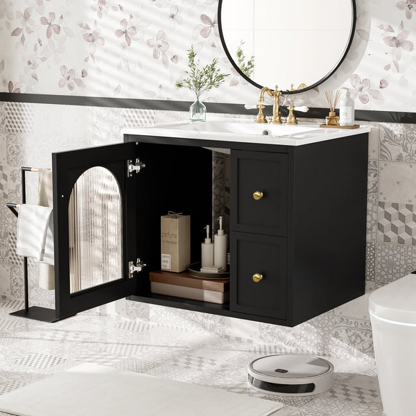 English Elm 24" Modern Wall-Mount Bathroom Vanity with Ceramic Sink, Glass Door Cabinet, 2 Drawers, Soft-Close Black N710P286704B