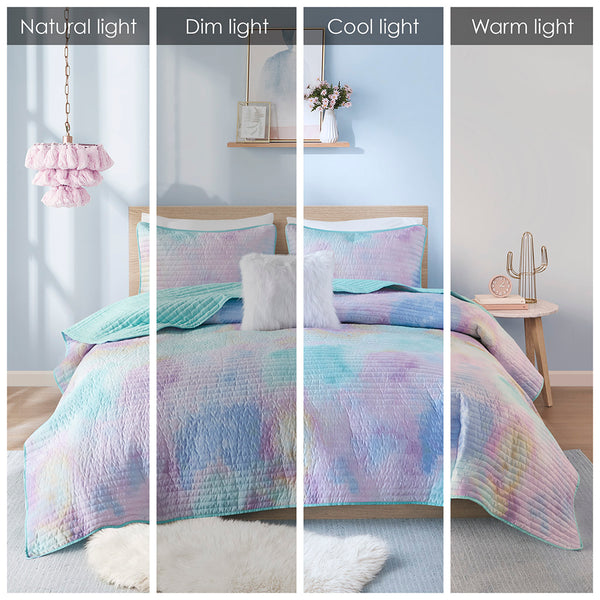 JLA Home Intelligent Design - Watercolor Dream Tie-Dye Quilt Set with Reversible Aqua Backing, Hypoallergenic OEKO-TEX Comfort 90 L x 68 W x 0.25H ID13-2289