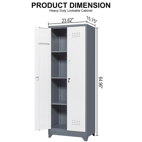 English Elm Broom and Mop Steel Utility Cabinet with Locking Doors Hanging Rod Adjustable Shelves T3625P372663