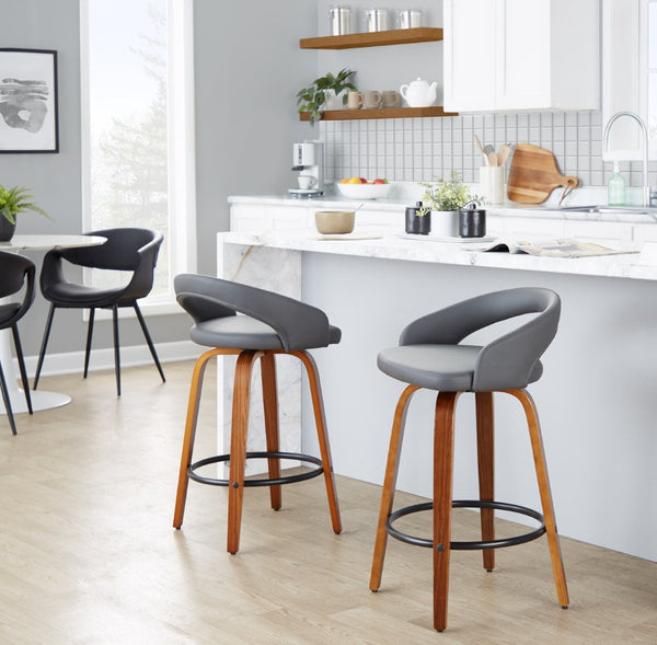 English Elm Fixed-height Swivel Counterstools Mahogany Wood Chrome Footrest Velvet Seat Set of 2 Grey B202S01775