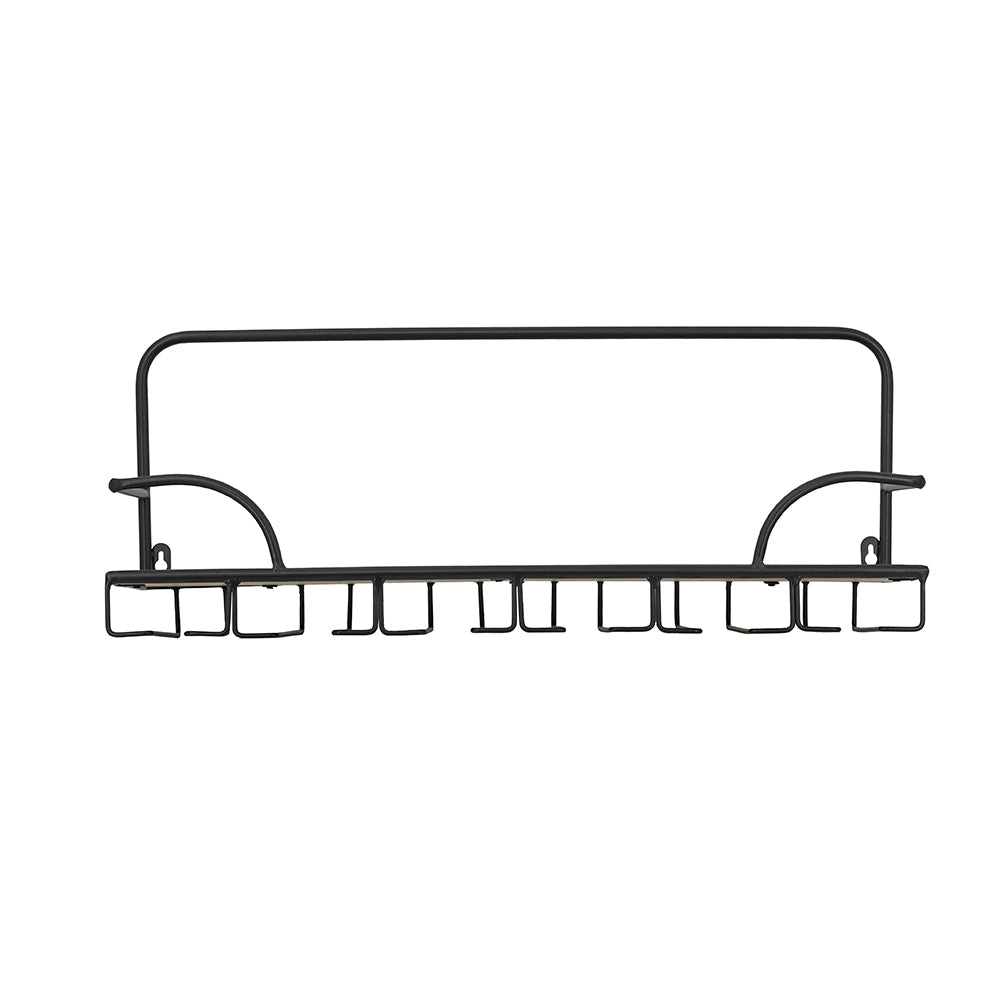 English Elm 24x8.3x9.8" Rustic Wooden Wall Shelf with Slim Black Iron Frame, Hooks for Mugs, Spices, Decor, Space-Saving Elegance W2078P390189