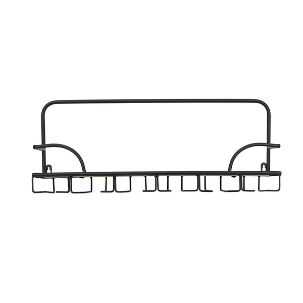 English Elm 24x8.3x9.8" Rustic Wooden Wall Shelf with Slim Black Iron Frame, Hooks for Mugs, Spices, Decor, Space-Saving Elegance W2078P390189