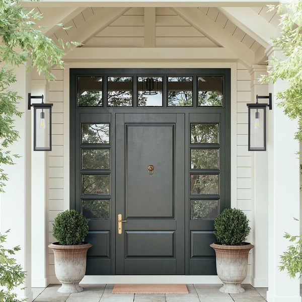 English Elm 20"(H) Set Of 2 Stylish Weatherproof Wall Lanterns - Modern Black Metal Sconces For Outdoor Spaces W2312P374776