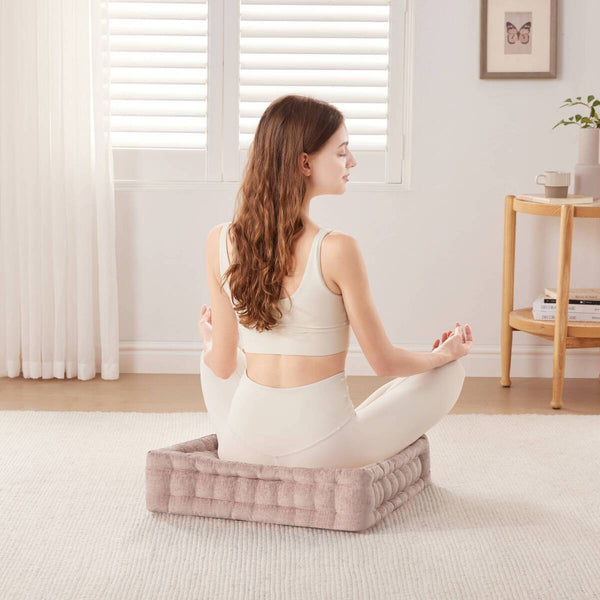 JLA Home Intelligent Design - Poly Chenille Square Floor Pillow Cushion — Textured Tufted Scalloped Accent Seat, OEKO-TEX Certified Comfort Blush ID31-1524