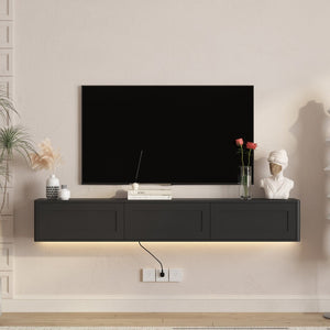 English Elm Floating Wall Mounted Tv Shelf with Led Backlight Gloss Cabinet and Built in Power Strip Black W1321P391262