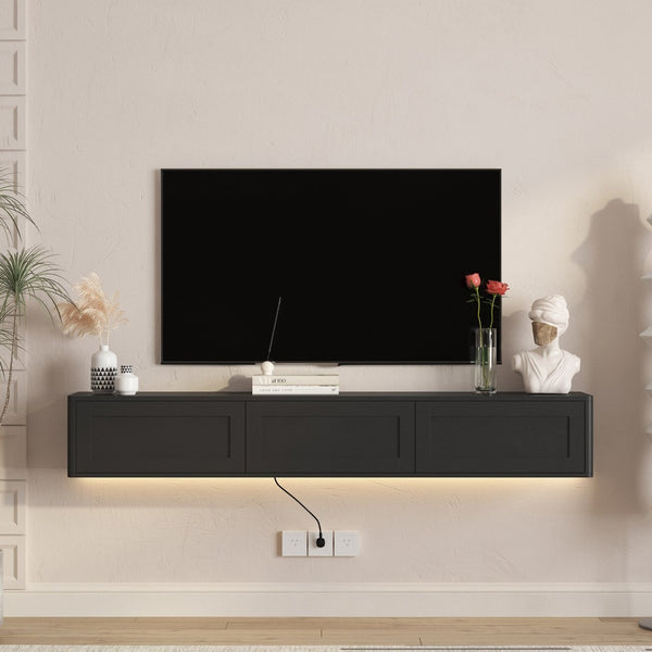 English Elm Floating Wall Mounted Tv Shelf with Led Backlight Gloss Cabinet and Built in Power Strip Black W1321P391262