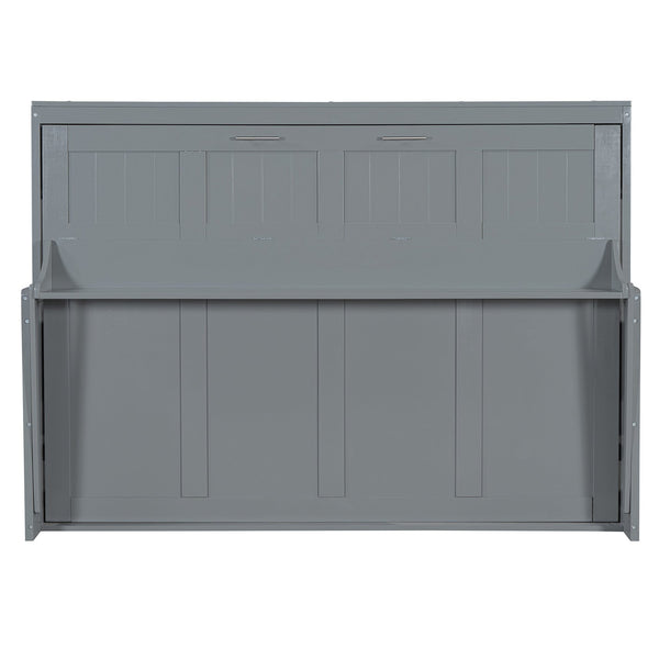 English Elm Full Size Murphy Bed With Hydraulic Lift & Integrated Desk For Space-Saving, Gray Pinewood Design N820S00032E