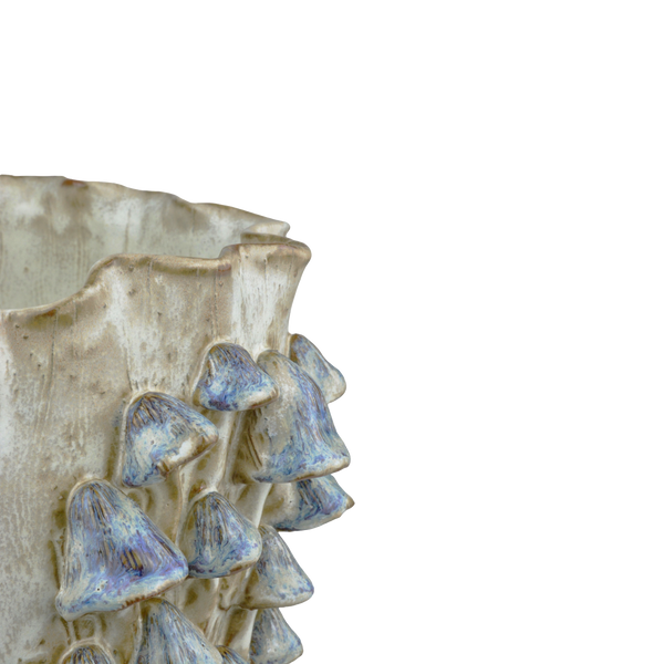 Black Forest Mushrooms Whimsical Ivory Vase with Blue Reactive Glaze - Handcrafted Ceramic Decor