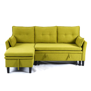 English Elm L-Shaped Reversible Chaise Sectional Sofa with Storage and Fold-Out Bed Cotton-Linen Modern Design Green W3371S00026