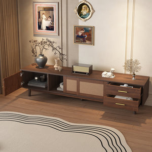 English Elm Mid Century Modern TV Stand with Rattan Sliding Doors, Solid Wood Legs, Drawers & Waterproof Top N710P257617P