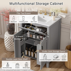 English Elm Modern 48 Inch Freestanding Bathroom Vanity Dual Ceramic Sinks Soft Close Gold Handles Grey N729P000008E