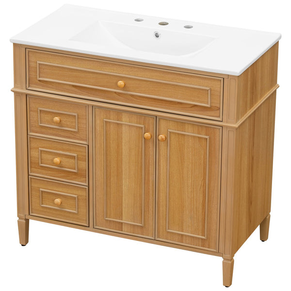 English Elm 36" Modern Bathroom Vanity with Ceramic Sink, Solid Rubber Wood & MDF, Flip Drawer, Soft-Close Doors N725P350825N