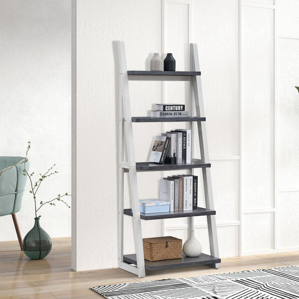 English Elm 5-Tier Ladder Shelf with Rubber Wood Frame and MDF Boards, Space-Saving Bookcase for Home Storage Grey+White W2582P195346