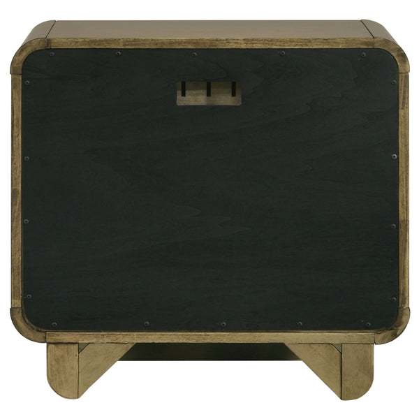 English Elm Tully Nutmeg two-drawer nightstand with metal glide drawers, modern profile, warm wood finish for tidy bedside spaces B062P374094