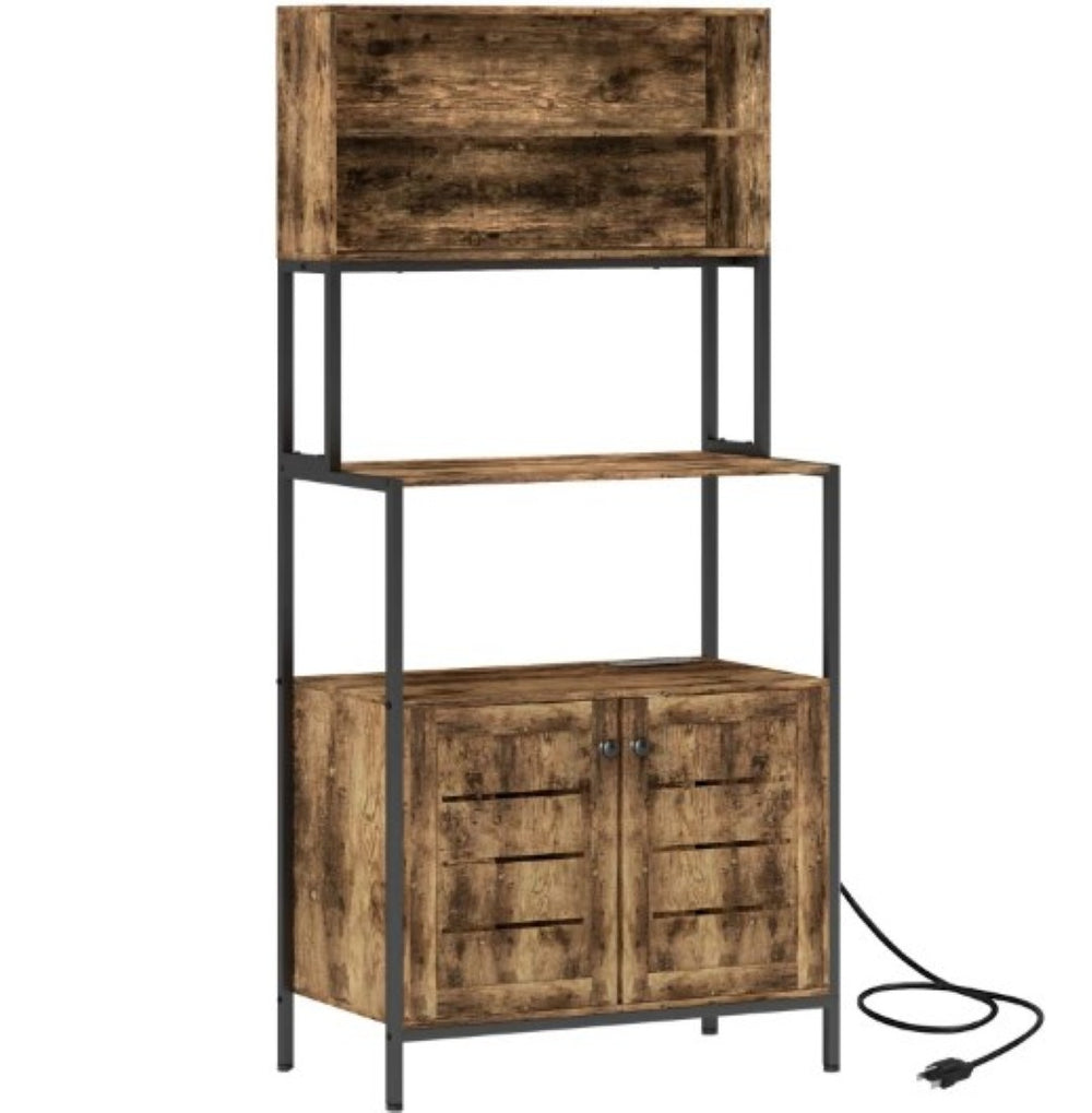 English Elm Convenient Matte Black Bakers Rack with Power Outlets Usb Ports and Open Shelving T3971P429619