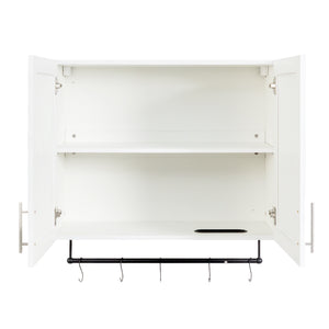 English Elm Bathroom Wall Cabinet Over Toilet Storage with Adjustable Shelf, Towel Bar & 5 Hooks, Narrow White Organizer for Bathroom, Kitchen, 31.5" x 11.8" x 29.9" W331P281277