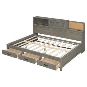 English Elm Full Size Gray Wood Daybed with Storage Drawers Shelf Usb Charging Upholstered Back LP002025AAE-1