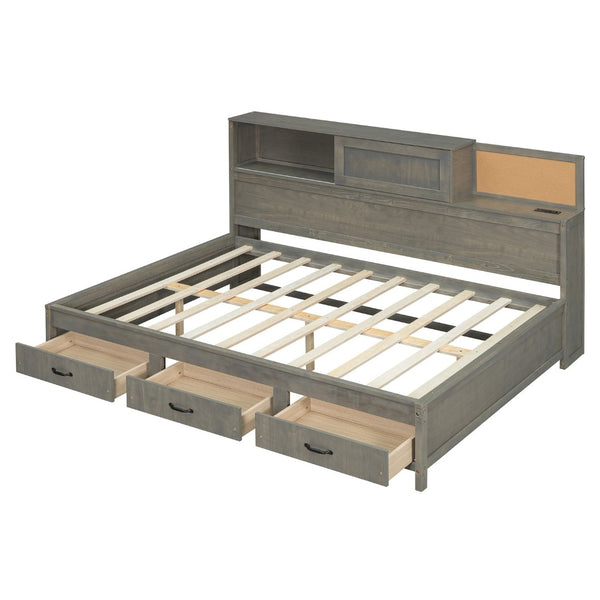 English Elm Full Size Gray Wood Daybed with Storage Drawers Shelf Usb Charging Upholstered Back LP002025AAE-1