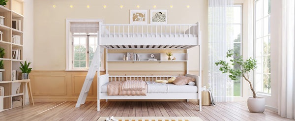 English Elm Twin Over Solid Wood Bunk Bed with Built in Shelves and Reversible Ladder N7090002224K