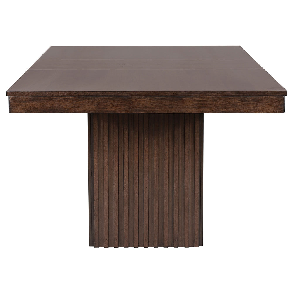 English Elm Baywind Mango Oak Dining Table with Rectangular Pedestal, Extension Leaf, Ribbed Detail Centerpiece B062S01267