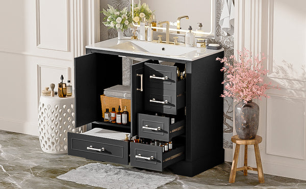 English Elm 36" Traditional Bathroom Vanity with Ceramic Sink, Solid Wood Cabinet, Soft-Close Doors & Drawers Black N729P251630B