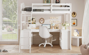 English Elm Twin Loft Bed with Desk Drawers Cabinet Shelves Solid Pine Wood White Finish LT0001505AAK-1