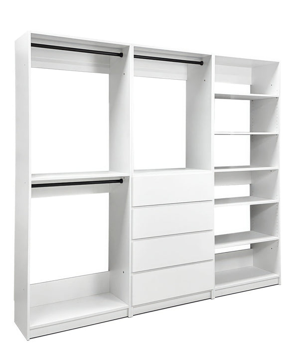 English Elm Prosper Freestanding White Walk-In Wood Closet System — Modular Oak Finish, Durable Melamine Storage, Easy Assembly B040S00139