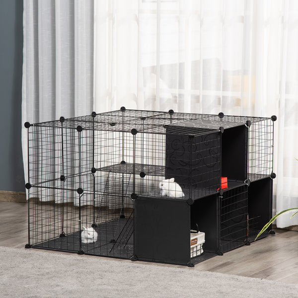 English Elm PawHut Modular Small Animal Playpen 56-Panel Metal Cage with Ramps, 3 Doors & Storage Shelf W2225P200757