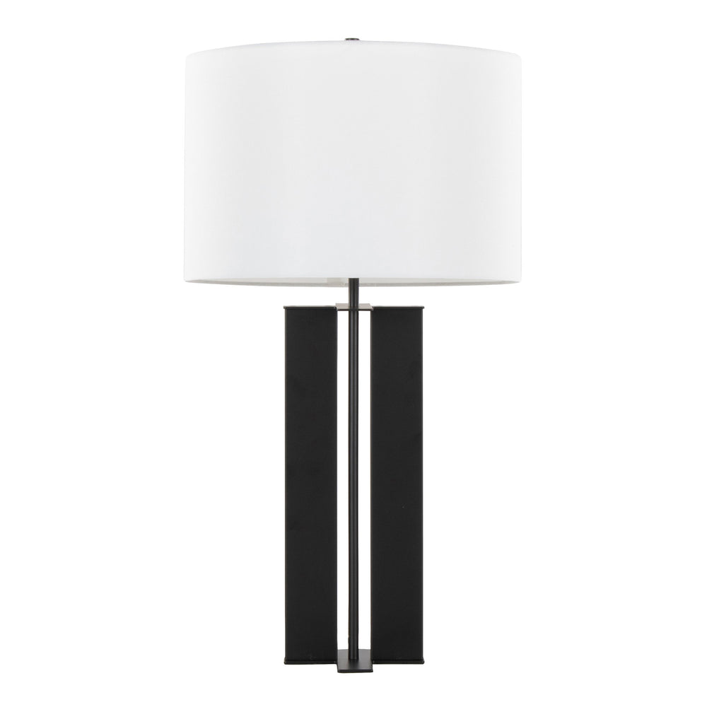 English Elm Cosmo Art Deco 28" Metal Table Lamp with Sleek Antique Brass Base and White Linen Drum Shade, Elegant Lighting Black B202P224191