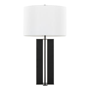 English Elm Cosmo Art Deco 28" Metal Table Lamp with Sleek Antique Brass Base and White Linen Drum Shade, Elegant Lighting Black B202P224191