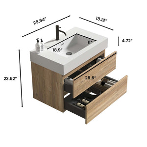 English Elm Alice Floating Bathroom Vanity Rosewood Finish Engineered Stone Basin Triple Drawer W1865S00116