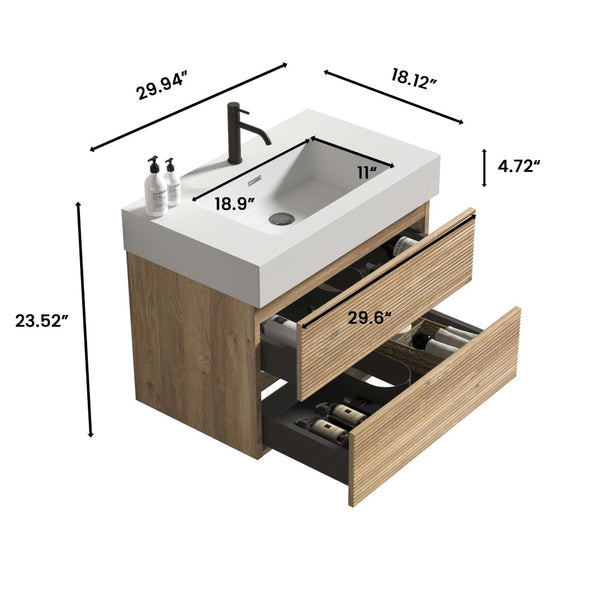 English Elm Alice Floating Bathroom Vanity Rosewood Finish Engineered Stone Basin Triple Drawer W1865S00116