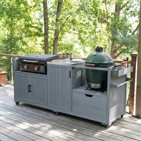 English Elm K&k 80.5 Inch Outdoor Kitchen Island Solid Fir Wood Stainless Steel Grill Cart Station Grey+Blue N707P392140G