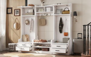 English Elm 4-in-1 Hall Tree with Bench, 7 Hooks, 2 Cabinets & 4 Drawers for Entryway Storage and Seating White W1580S00090