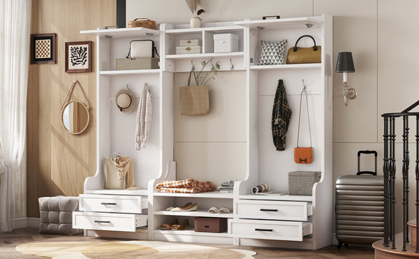 English Elm 4-in-1 Hall Tree with Bench, 7 Hooks, 2 Cabinets & 4 Drawers for Entryway Storage and Seating White W1580S00090