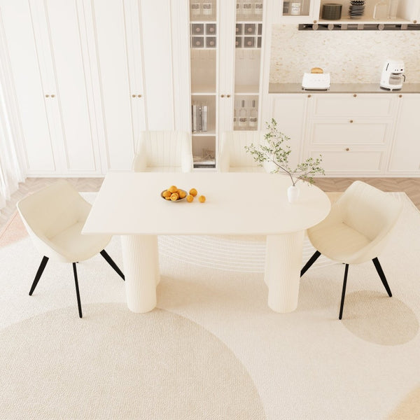 English Elm 63" Cream Mdf Dining Table Set with Carved Wave Legs and Beige Pu Upholstered Chairs Beige+Cream W2189S00849