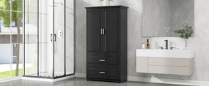 English Elm Tall Bathroom Storage Cabinet – Slim Black MDF Organizer with 2 Doors, 2 Drawers, Adjustable Shelves, Anti-Tip Device N725P172882B