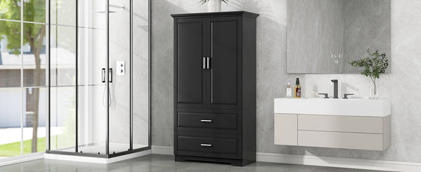 English Elm Tall Bathroom Storage Cabinet – Slim Black MDF Organizer with 2 Doors, 2 Drawers, Adjustable Shelves, Anti-Tip Device N725P172882B