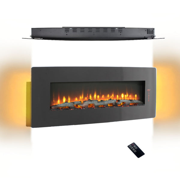 English Elm 48 Inch Curved Wall Mounted Electric Fireplace with Multi Color Flame Ember Bed W1769P199008