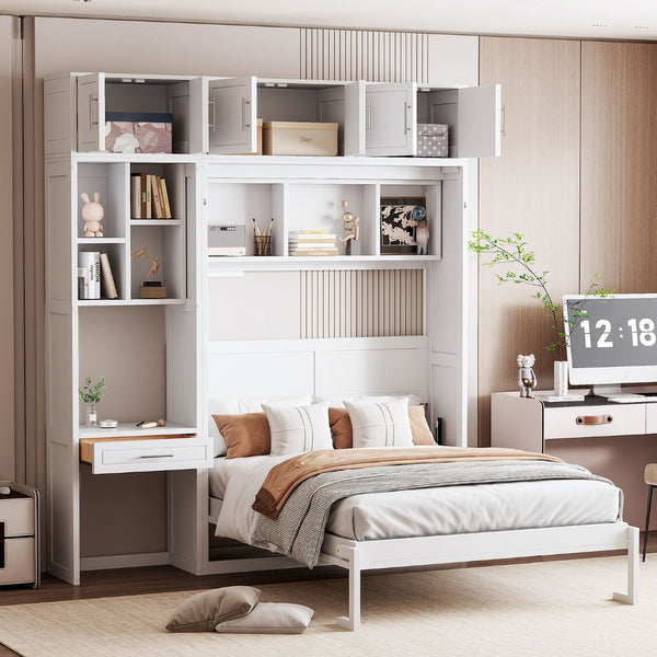 English Elm Full Size Murphy Wall Bed with Fold Away Desk Cabinet and Shelves for Small Spaces N708S00020K-1